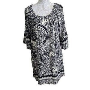 Umgee Shift Dress Boho Mini 3/4 Bell Sleeves Pockets Women's Medium